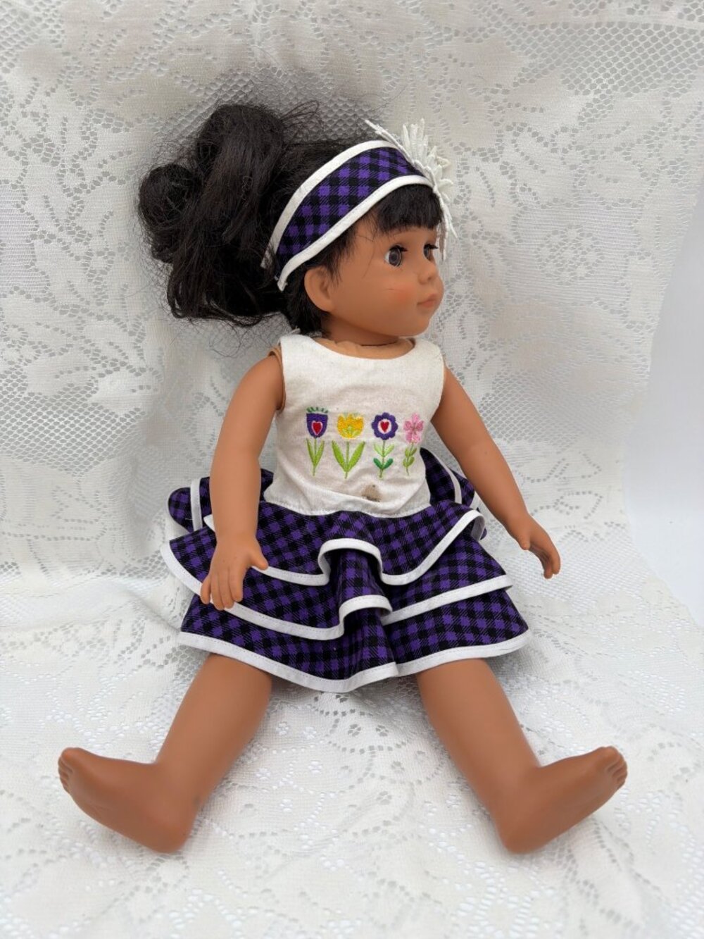 Purple Plaid Doll With Embroidered Dress & Headband - 14 Inches